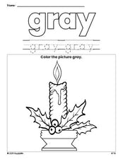 Free Christmas candle color gray coloring page and color worksheet, gray worksheet for preschoolers to learn colors, printable PDF