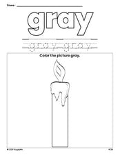 Free Christmas candle color gray coloring page and color worksheet, gray worksheet for preschoolers to learn colors, printable PDF