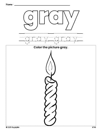 Free Christmas candle color gray coloring page and color worksheet, gray worksheet for preschoolers to learn colors, printable PDF