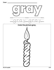 Free Christmas candle color gray coloring page and color worksheet, gray worksheet for preschoolers to learn colors, printable PDF