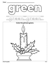 Free Christmas candle color green coloring page and color worksheet, green worksheet for preschoolers to learn colors, printable PDF