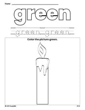 Free Christmas candle color green coloring page and color worksheet, green worksheet for preschoolers to learn colors, printable PDF