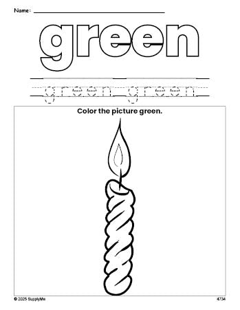 Free Christmas candle color green coloring page and color worksheet, green worksheet for preschoolers to learn colors, printable PDF