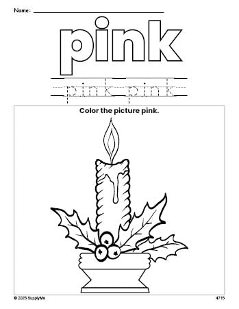 Free Christmas candle color pink coloring page and color worksheet, pink worksheet for preschoolers to learn colors, printable PDF