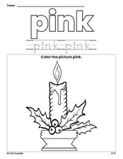 Free Christmas candle color pink coloring page and color worksheet, pink worksheet for preschoolers to learn colors, printable PDF