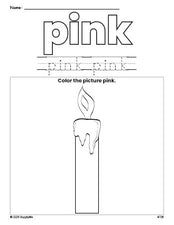 Free Christmas candle color pink coloring page and color worksheet, pink worksheet for preschoolers to learn colors, printable PDF