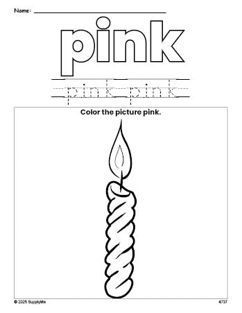 Free Christmas candle color pink coloring page and color worksheet, pink worksheet for preschoolers to learn colors, printable PDF