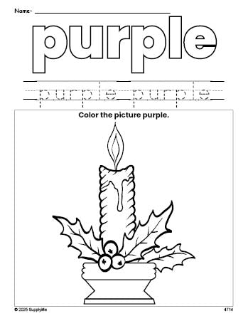 Free Christmas candle color purple coloring page and color worksheet, purple worksheet for preschoolers to learn colors, printable PDF