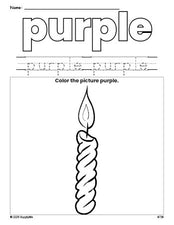 Free Christmas candle color purple coloring page and color worksheet, purple worksheet for preschoolers to learn colors, printable PDF