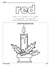 Free Christmas candle color red coloring page and color worksheet, red worksheet for preschoolers to learn colors, printable PDF