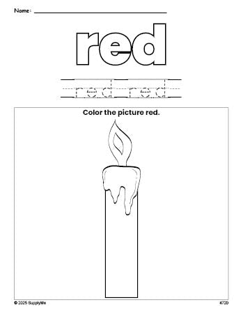 Free Christmas candle color red coloring page and color worksheet, red worksheet for preschoolers to learn colors, printable PDF