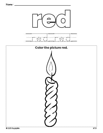 Free Christmas candle color red coloring page and color worksheet, red worksheet for preschoolers to learn colors, printable PDF