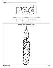 Free Christmas candle color red coloring page and color worksheet, red worksheet for preschoolers to learn colors, printable PDF