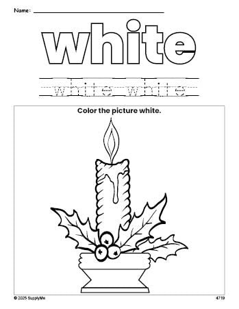 Free Christmas candle color white coloring page and color worksheet, white worksheet for preschoolers to learn colors, printable PDF