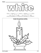 Free Christmas candle color white coloring page and color worksheet, white worksheet for preschoolers to learn colors, printable PDF