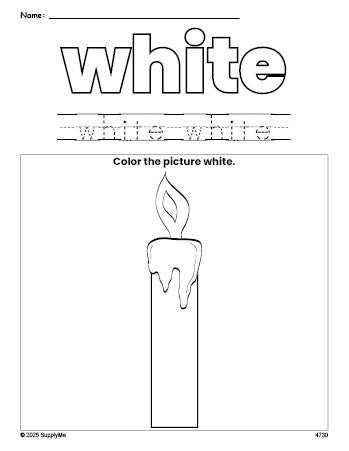 Free Christmas candle color white coloring page and color worksheet, white worksheet for preschoolers to learn colors, printable PDF