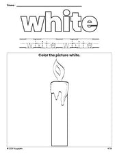 Free Christmas candle color white coloring page and color worksheet, white worksheet for preschoolers to learn colors, printable PDF