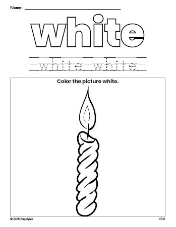 Free Christmas candle color white coloring page and color worksheet, white worksheet for preschoolers to learn colors, printable PDF