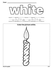 Free Christmas candle color white coloring page and color worksheet, white worksheet for preschoolers to learn colors, printable PDF