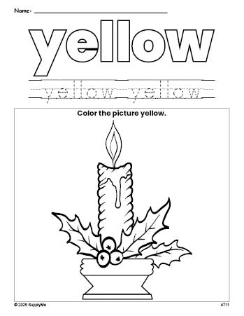 Free Christmas candle color yellow coloring page and color worksheet, yellow worksheet for preschoolers to learn colors, printable PDF