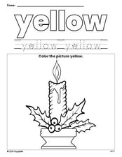 Free Christmas candle color yellow coloring page and color worksheet, yellow worksheet for preschoolers to learn colors, printable PDF