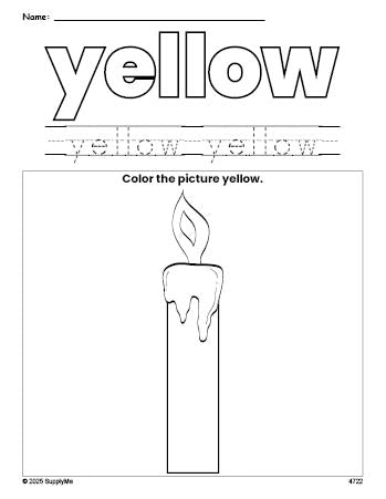 Free Christmas candle color yellow coloring page and color worksheet, yellow worksheet for preschoolers to learn colors, printable PDF