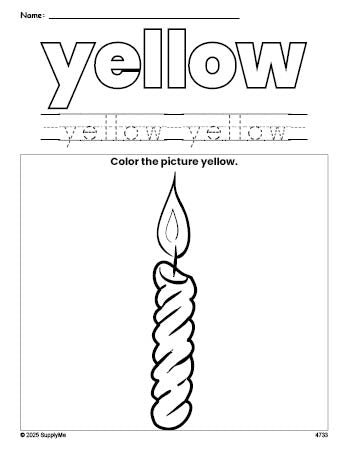 Free Christmas candle color yellow coloring page and color worksheet, yellow worksheet for preschoolers to learn colors, printable PDF