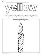 Free Christmas candle color yellow coloring page and color worksheet, yellow worksheet for preschoolers to learn colors, printable PDF