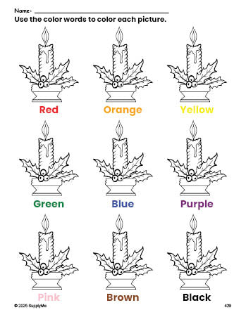 Free Christmas candle coloring page and color worksheet for preschoolers to learn colors, printable PDF