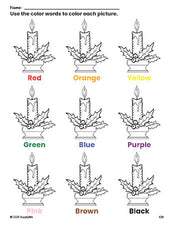 Free Christmas candle coloring page and color worksheet for preschoolers to learn colors, printable PDF