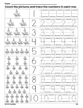 Free printable Christmas candle counting worksheet for preschool and pre-k with number tracing practice 1-10, PDF