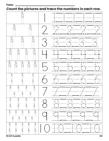 Free printable Christmas candle counting worksheet for preschool and pre-k with number tracing practice 1-10, PDF