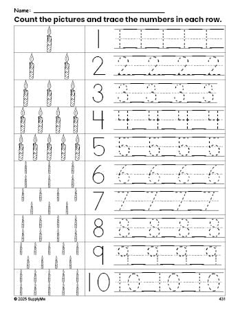 Free printable Christmas candle counting worksheet for preschool and pre-k with number tracing practice 1-10, PDF