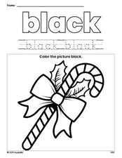 Free Christmas candy cane color black coloring page and color worksheet, black worksheet for preschoolers to learn colors, printable PDF