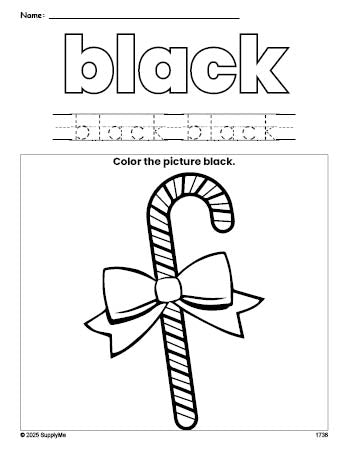 Free Christmas candy cane color black coloring page and color worksheet, black worksheet for preschoolers to learn colors, printable PDF