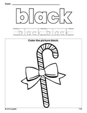 Free Christmas candy cane color black coloring page and color worksheet, black worksheet for preschoolers to learn colors, printable PDF