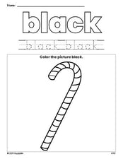 Free Christmas candy cane color black coloring page and color worksheet, black worksheet for preschoolers to learn colors, printable PDF