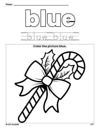 Free Christmas candy cane color blue coloring page and color worksheet, blue worksheet for preschoolers to learn colors, printable PDF