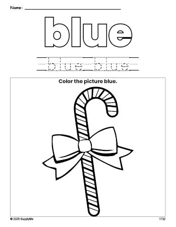 Free Christmas candy cane color blue coloring page and color worksheet, blue worksheet for preschoolers to learn colors, printable PDF