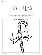 Free Christmas candy cane color blue coloring page and color worksheet, blue worksheet for preschoolers to learn colors, printable PDF