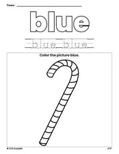 Free Christmas candy cane color blue coloring page and color worksheet, blue worksheet for preschoolers to learn colors, printable PDF