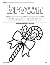 Free Christmas candy cane color brown coloring page and color worksheet, brown worksheet for preschoolers to learn colors, printable PDF