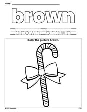 Free Christmas candy cane color brown coloring page and color worksheet, brown worksheet for preschoolers to learn colors, printable PDF