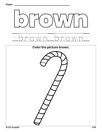 Free Christmas candy cane color brown coloring page and color worksheet, brown worksheet for preschoolers to learn colors, printable PDF