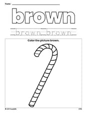 Free Christmas candy cane color brown coloring page and color worksheet, brown worksheet for preschoolers to learn colors, printable PDF