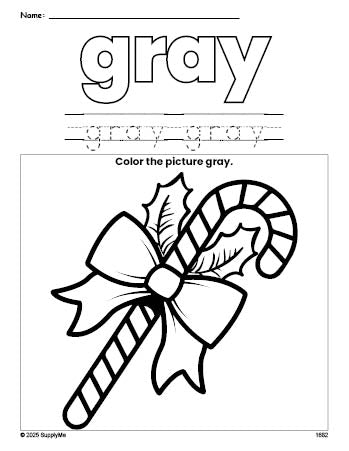 Free Christmas candy cane color gray coloring page and color worksheet, gray worksheet for preschoolers to learn colors, printable PDF