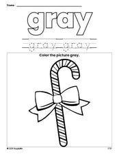 Free Christmas candy cane color gray coloring page and color worksheet, gray worksheet for preschoolers to learn colors, printable PDF