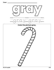 Free Christmas candy cane color gray coloring page and color worksheet, gray worksheet for preschoolers to learn colors, printable PDF