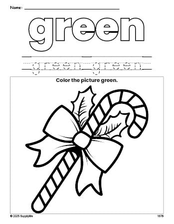 Free Christmas candy cane color green coloring page and color worksheet, green worksheet for preschoolers to learn colors, printable PDF