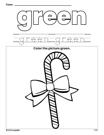 Free Christmas candy cane color green coloring page and color worksheet, green worksheet for preschoolers to learn colors, printable PDF